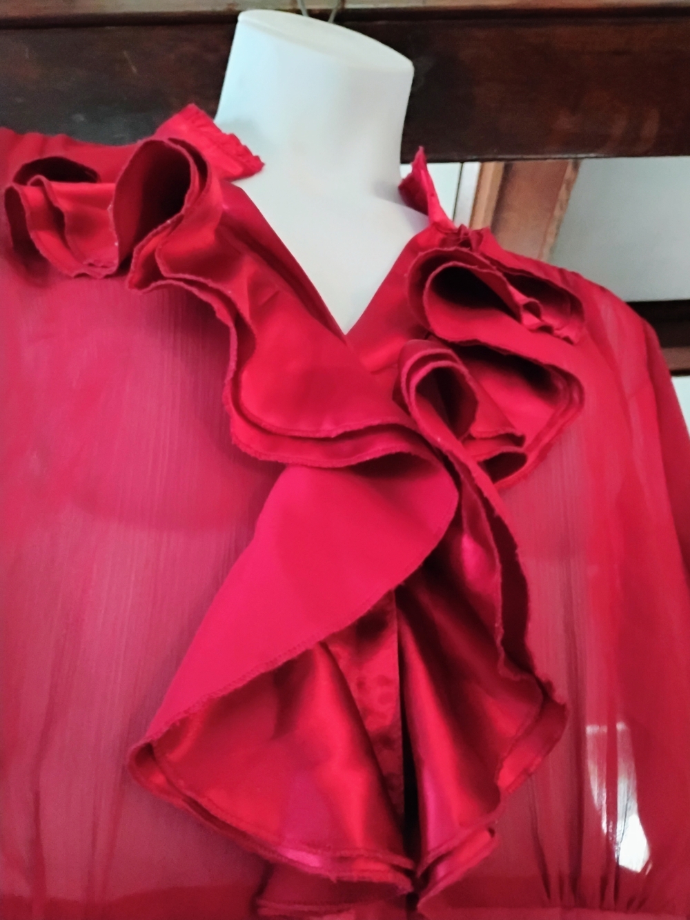Ashley Stewart Ruffle-Front Sheer Blouse in Deep Red - Picture 8 of 14